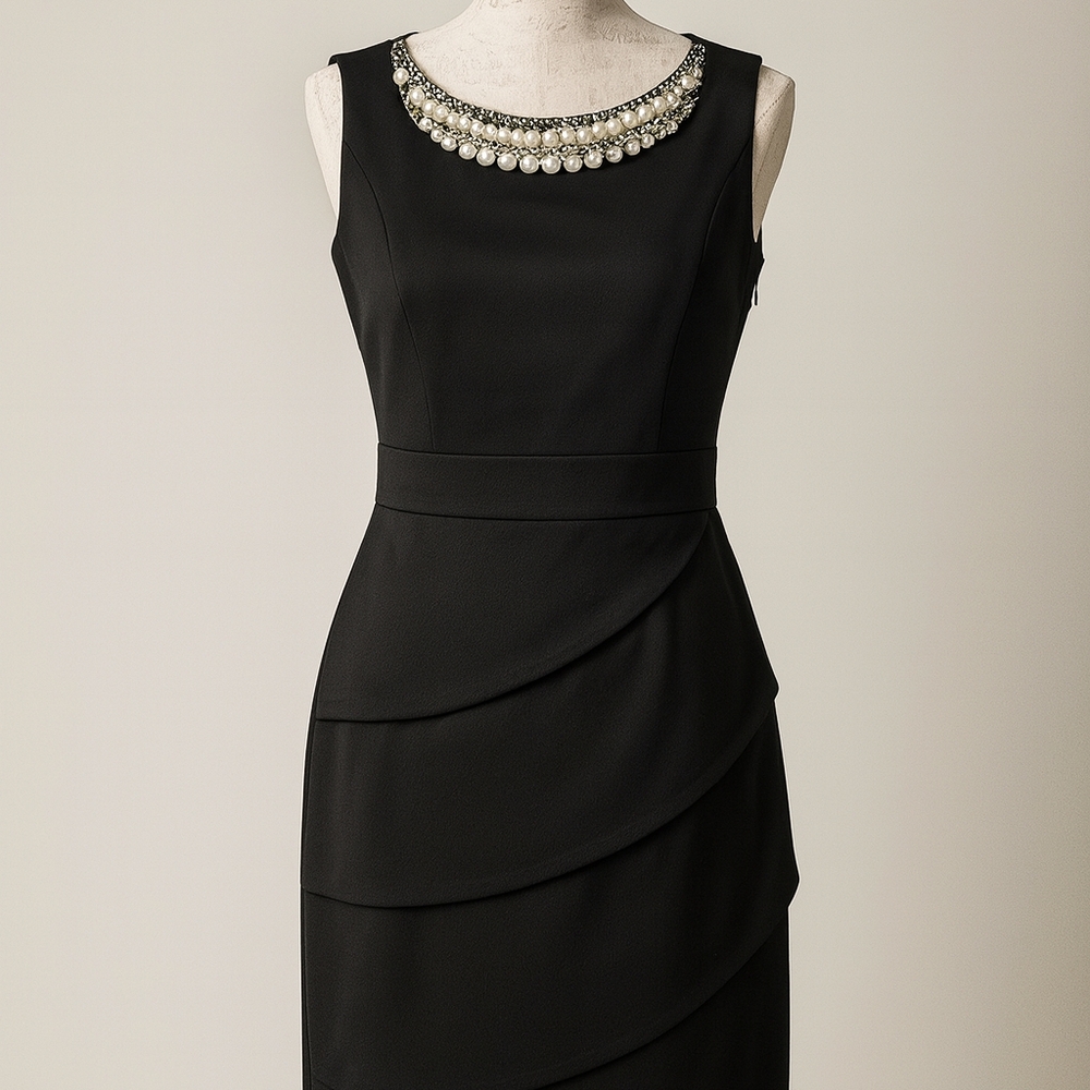 Connected Apparel Black Sleeveless Embellished Neckline Dress Size 6
